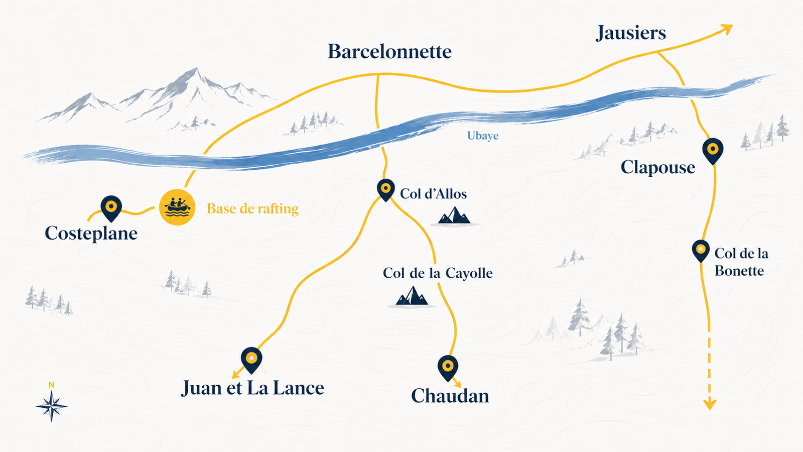 Carte illustrée des 5 canyons des vallées de l'Ubaye, du Var et du Verdon — Costeplane (départ base rafting de Méolans-Revel), Juan, La Lance, Chaudan et Clapouse (rendez-vous sur place)